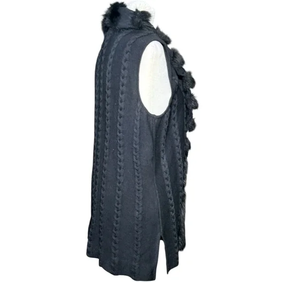 Ming Wang Sweater Vest Women L Black Faux Fur Trim Cable Knit Quiet Luxury Chic - Picture 7 of 15